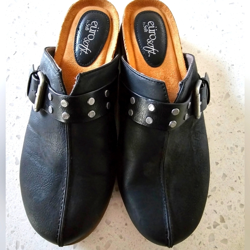 EuroSoft Black Women's Leather Loretta Mules Slip-On Shoe sz 8.5